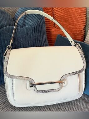 Coach Taylor mixed leather snake skin, Marin flap satchel purse white and gray